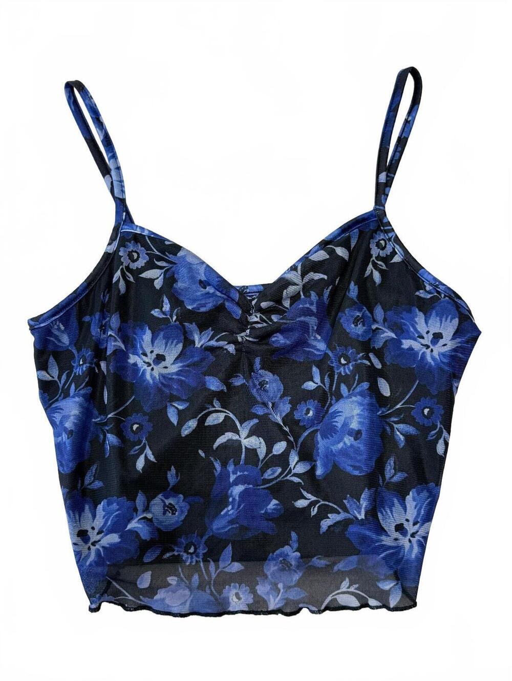 Floral Mesh Crop Top Spaghetti Straps Blue Black S Y2K Aesthetic